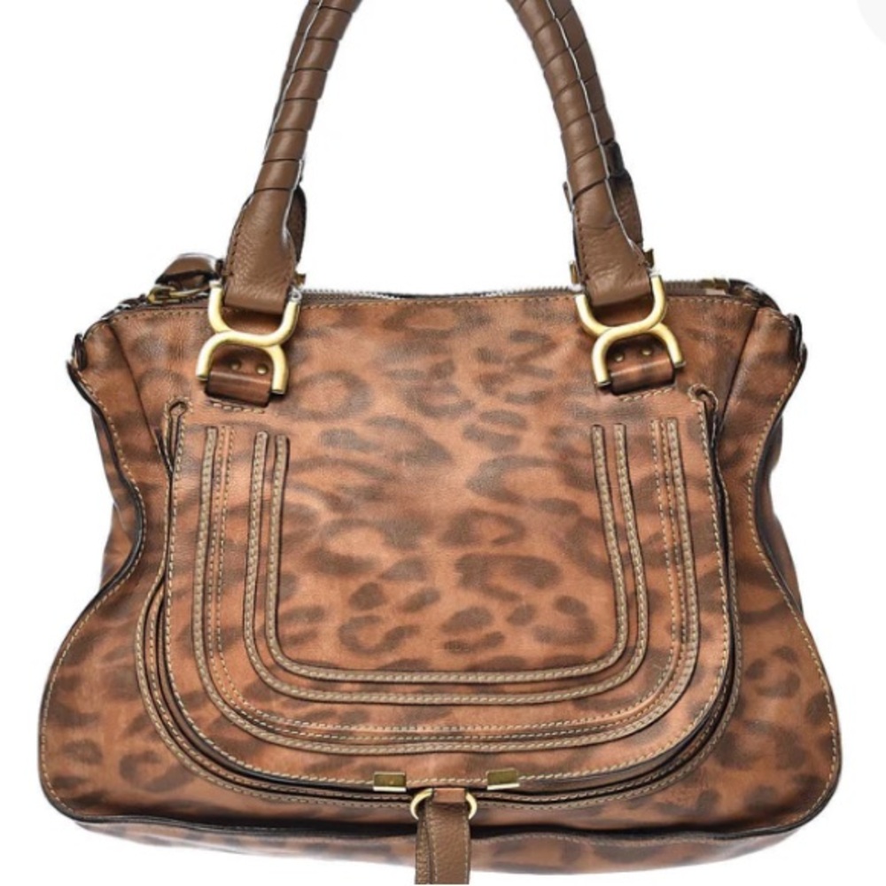 CHLOE Calfskin Leopard Print Medium Marcie Satchel Brown -Vintage -Authenticated - Picture 3 of 16